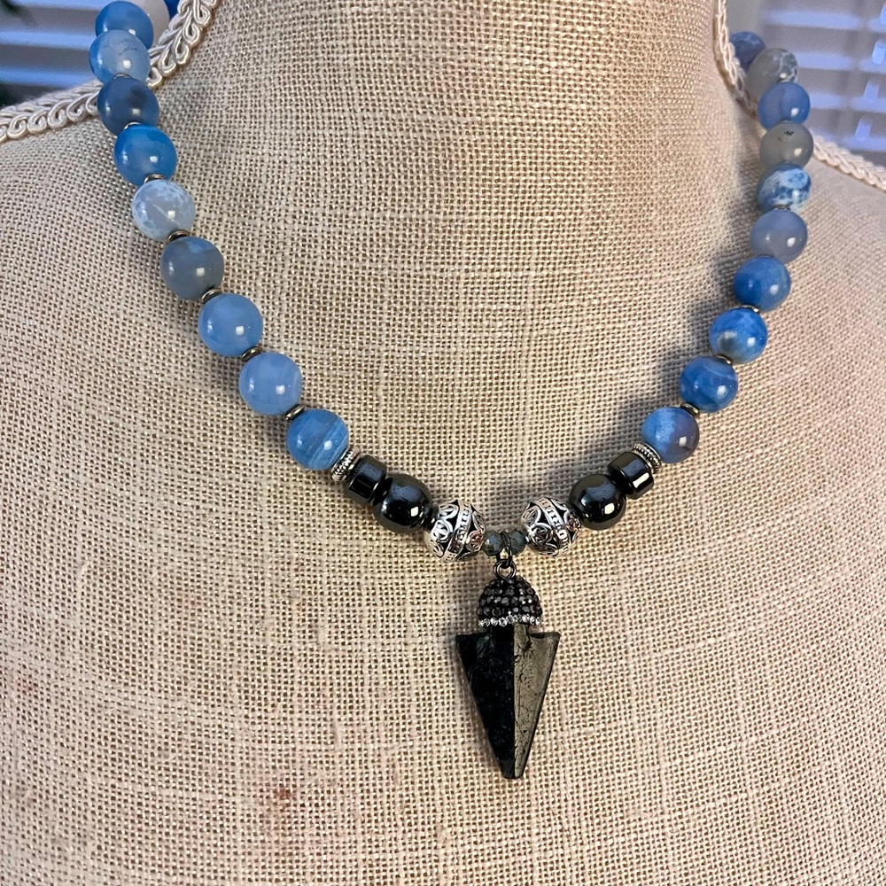 Blue Sodalight and hematite Gemstone Beaded necklace w arrow